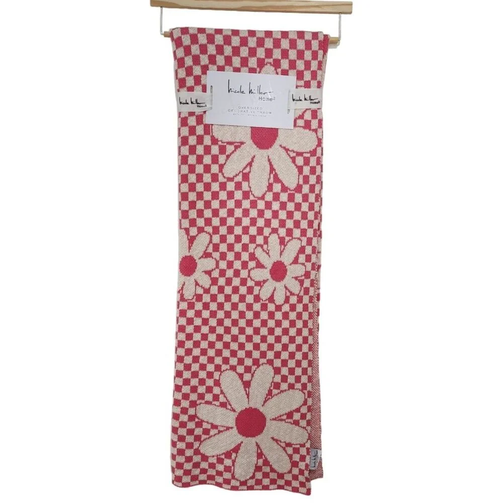 Nicole Miller Cotton‎ Throw Blanket Decorative Oversize Floral And Check 50x70in